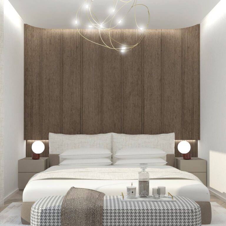 Navrh interieru spalne_postel s drevenym obkladom a LED podsvietenim